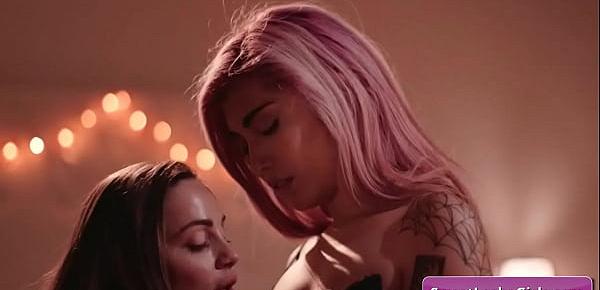  Sensual hot lesbian babes Aidra Fox, Evelyn Claire licking their boobs and eating each others pussy